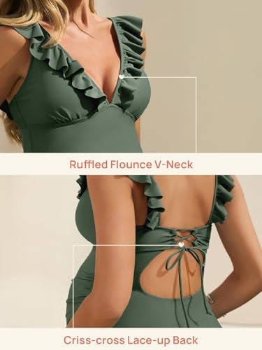 Summer Mae Ruffle Maternity Swimsuit One Piece V-Neck Pregnancy Bathing Suit Lace Up Swimwear Push Up Monokini Army Green L - Image 4
