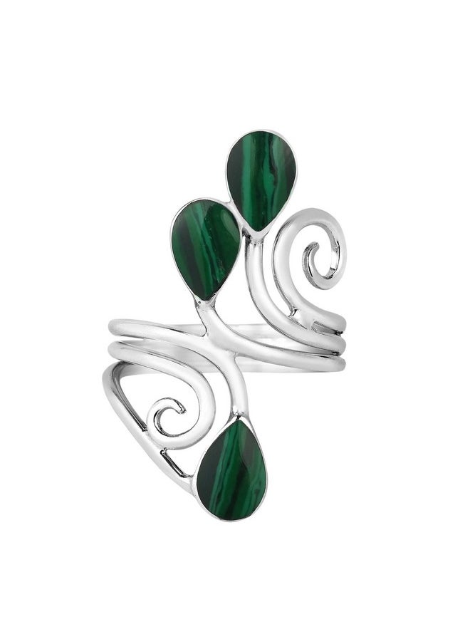 AeraVida Classic Floral Vine Trendy Ornate Teardrop Green Malachite Sterling Silver Modern Ring Solid 925 Sterling Stone Size 7 For Daily Fashion  - Image 1
