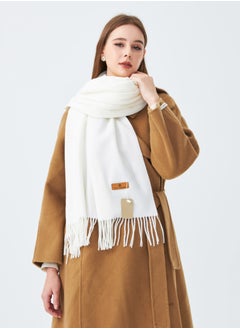 Sky cashmere Plain Wool Scarf with Tassels Warm and Soft White  - Image 3