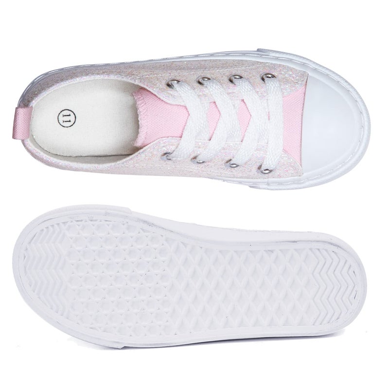 Toandon Girls Kids Sneakers Glitter Sequins Canvas Shoes Toddler Child Glitter Sparkle Low Top Lace Up Non Slip Lightweight Walking Outdoor Pink Size 3 - Image 5