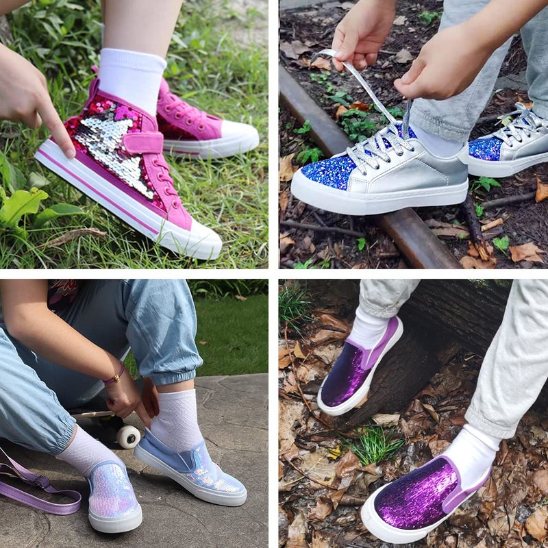 Toandon Girls Kids Sneakers Glitter Sequins Canvas Shoes Toddler Child Glitter Sparkle Low Top Lace Up Non Slip Lightweight Walking Outdoor Pink Size 3 - Image 2