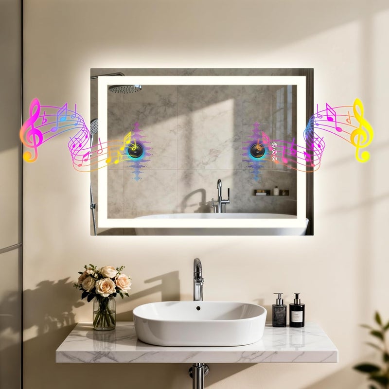 WISFOR Bathroom Mirror with LED Light: Bluetooth Lighted Bathroom Mirror 500x700mm Wall Lighted Mirror with Bluetooth Speakers Dimmable 3 Color Lighting Anti-fog Memory Function Rectangle - Image 4