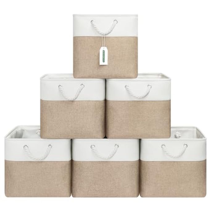 ECDYQXVU 13x13 Inch Cube Storage Bins with Reinforced Bottom Cardboard, 6 Pack Large Foldable Fabric Storage Cubes with Handles for Shelf, Closet, Laundry Organization (White&Khaki)