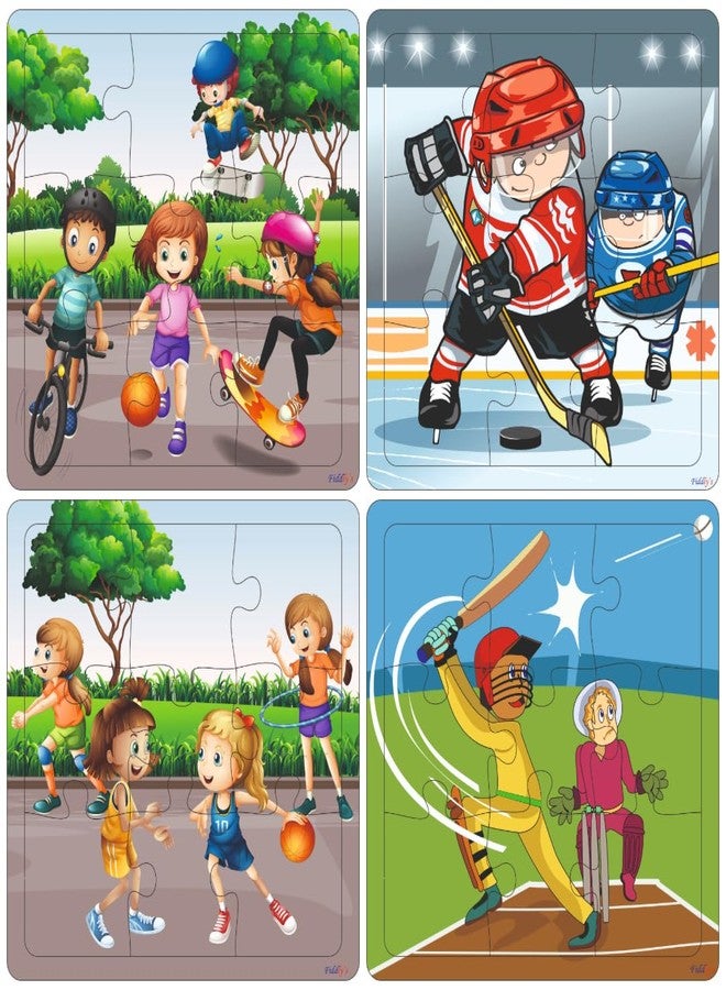 Fiddlys Wooden Jigsaw Puzzles for Kids & Children – 9 Pieces Each, Pack of 4|Double Layered Front & Back Print| Educational Toy for Boys & Girls Age 2 3 4 5 6 Year Old (Sports - Pack of 4) - Image 1