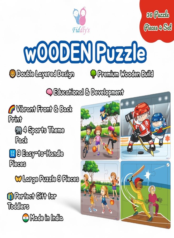 Fiddlys Wooden Jigsaw Puzzles for Kids & Children – 9 Pieces Each, Pack of 4|Double Layered Front & Back Print| Educational Toy for Boys & Girls Age 2 3 4 5 6 Year Old (Sports - Pack of 4) - Image 3