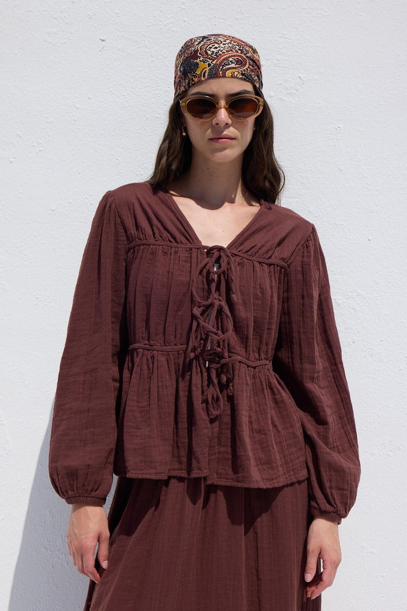 Manuka Tie Detail Muslin Blouse Burgundy  - Image 2