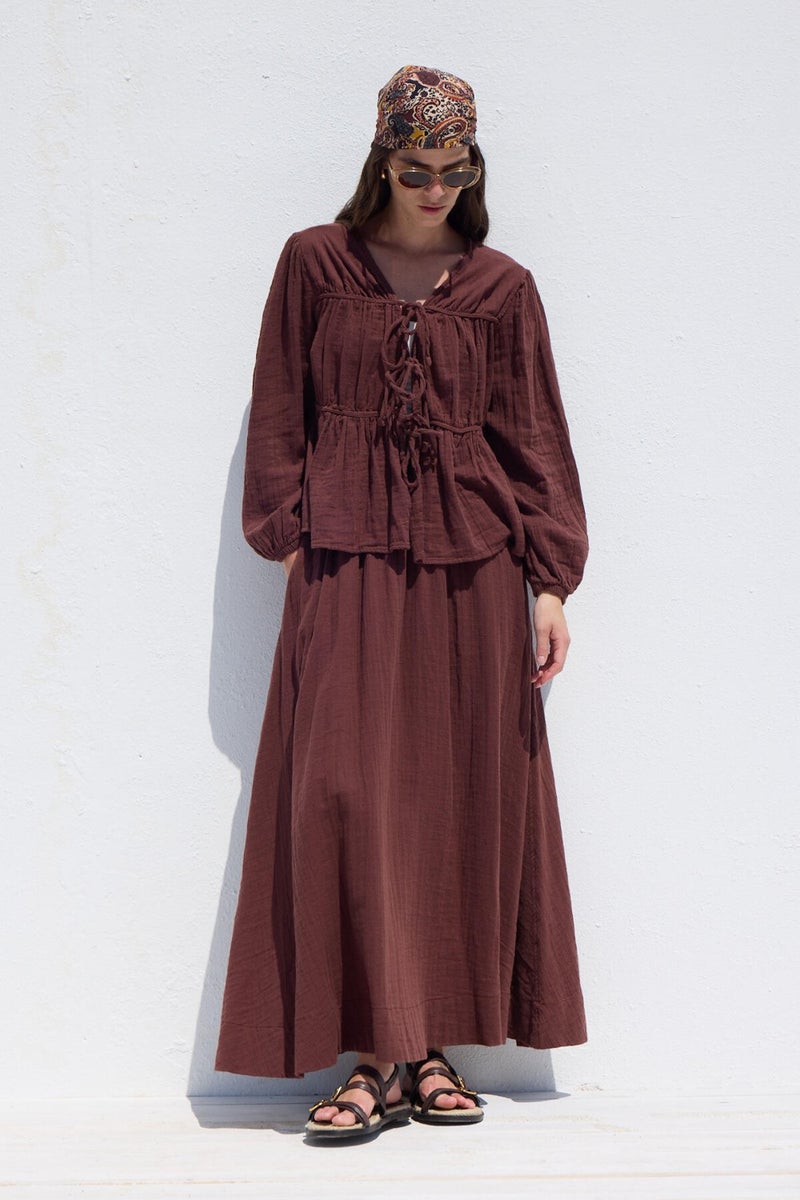 Manuka Tie Detail Muslin Blouse Burgundy  - Image 3