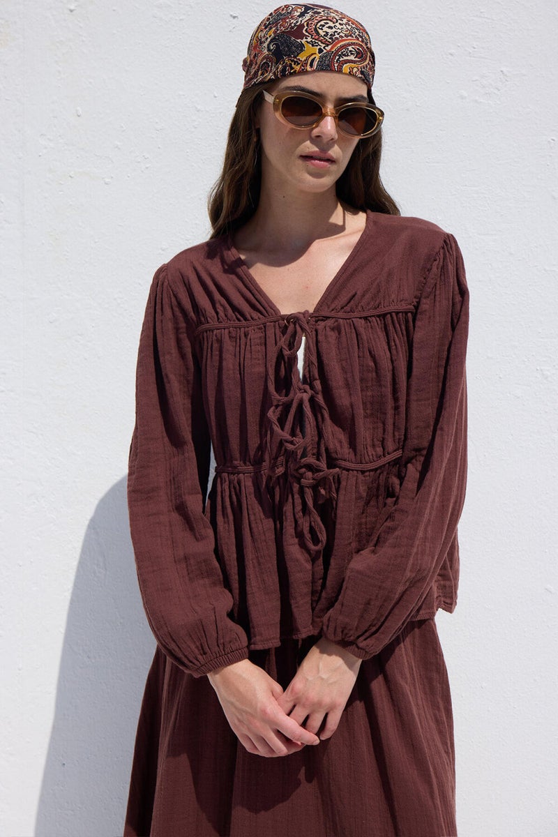 Manuka Tie Detail Muslin Blouse Burgundy  - Image 1