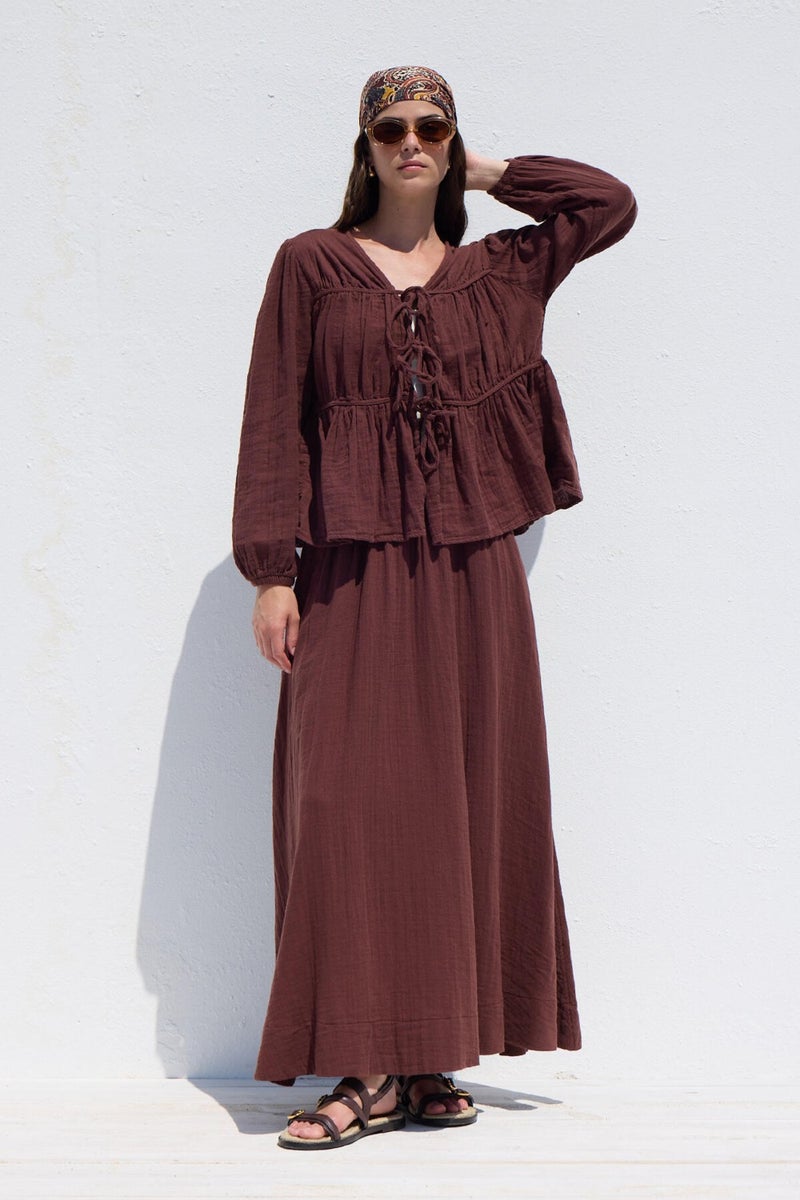 Manuka Tie Detail Muslin Blouse Burgundy  - Image 4