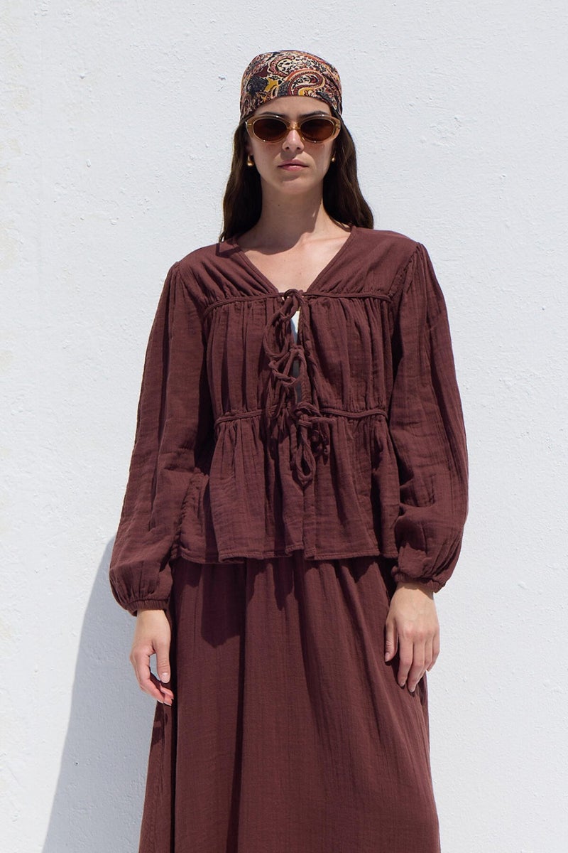 Manuka Tie Detail Muslin Blouse Burgundy  - Image 5