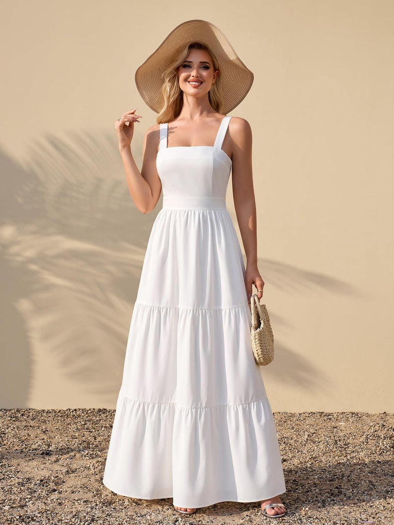 HTZMO Womens Summer Wedding Guest Floral Maxi Sundress Square Neck Back Bow Tie Flowy Boho Beach Vacation Long Dresses White M - Image 4