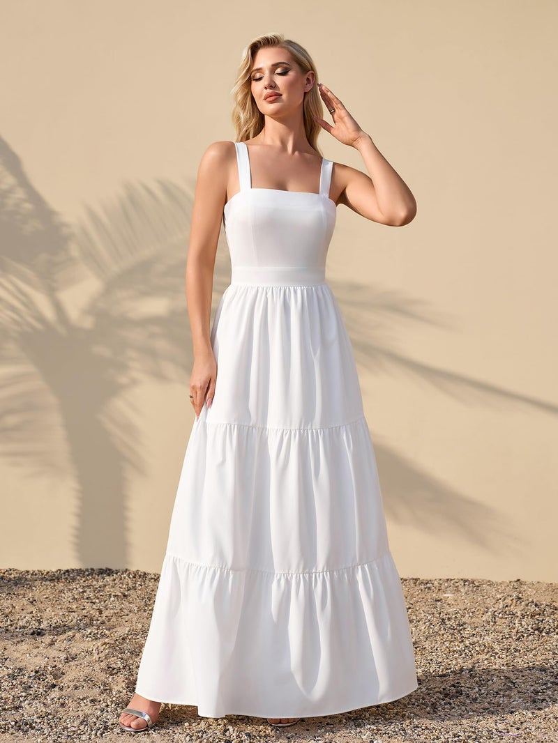 HTZMO Womens Summer Wedding Guest Floral Maxi Sundress Square Neck Back Bow Tie Flowy Boho Beach Vacation Long Dresses White M - Image 2