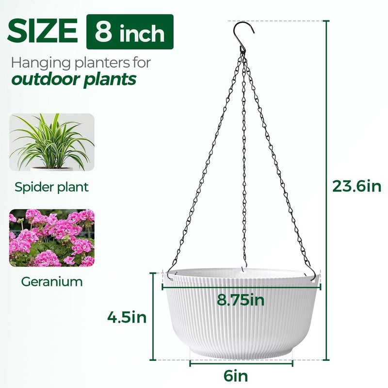 T4U Hanging Planter Self Watering 8 Inch, 2 Pack White Indoor Hanging Plant pots, Hanging Flower Pot with Drainage Hole & Plug & Chain with 3 Hooks for Garden Home Decor - Image 2