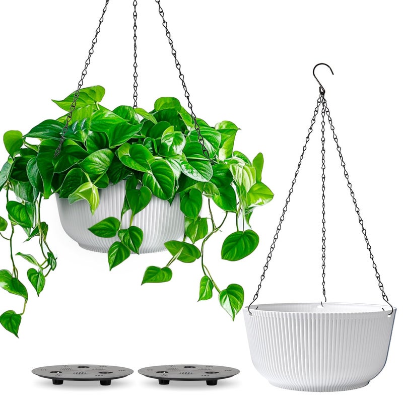 T4U Hanging Planter Self Watering 8 Inch, 2 Pack White Indoor Hanging Plant pots, Hanging Flower Pot with Drainage Hole & Plug & Chain with 3 Hooks for Garden Home Decor - Image 1