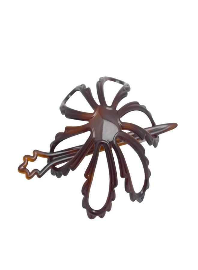 Parcelona French Floral Wavy Petal Tortoise Brown Shell Cellulose Chignon Ponytail Bun Holder Cover Cage Cap Hair Slider Pin Thru Hair Updo with Stick - Image 1