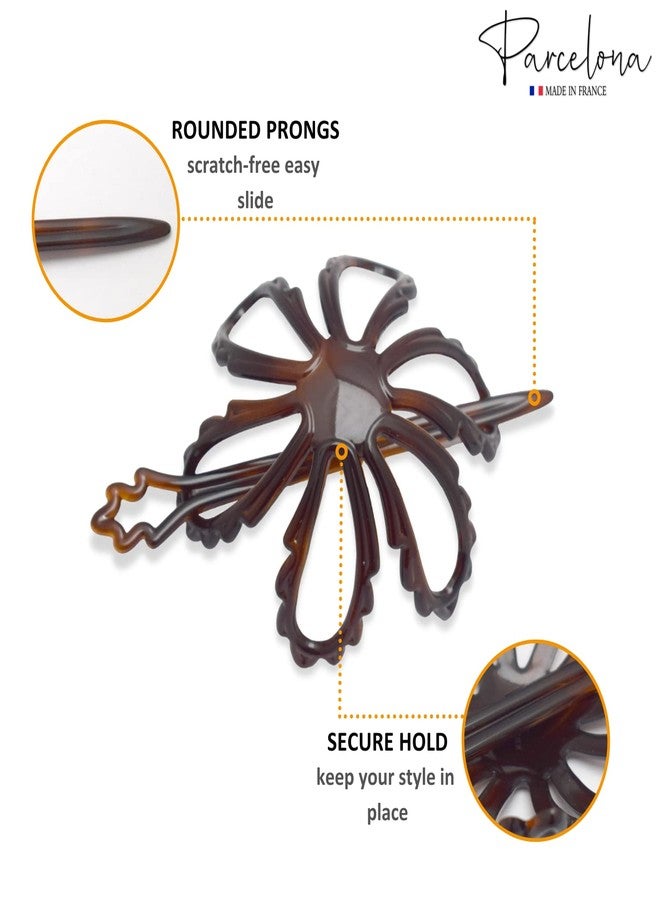 Parcelona French Floral Wavy Petal Tortoise Brown Shell Cellulose Chignon Ponytail Bun Holder Cover Cage Cap Hair Slider Pin Thru Hair Updo with Stick - Image 3