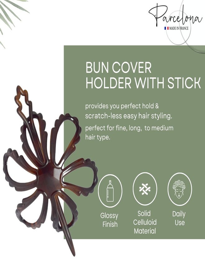Parcelona French Floral Wavy Petal Tortoise Brown Shell Cellulose Chignon Ponytail Bun Holder Cover Cage Cap Hair Slider Pin Thru Hair Updo with Stick - Image 2