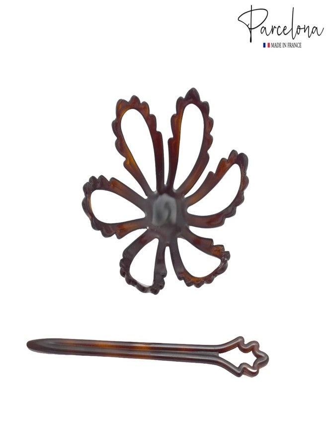 Parcelona French Floral Wavy Petal Tortoise Brown Shell Cellulose Chignon Ponytail Bun Holder Cover Cage Cap Hair Slider Pin Thru Hair Updo with Stick - Image 4