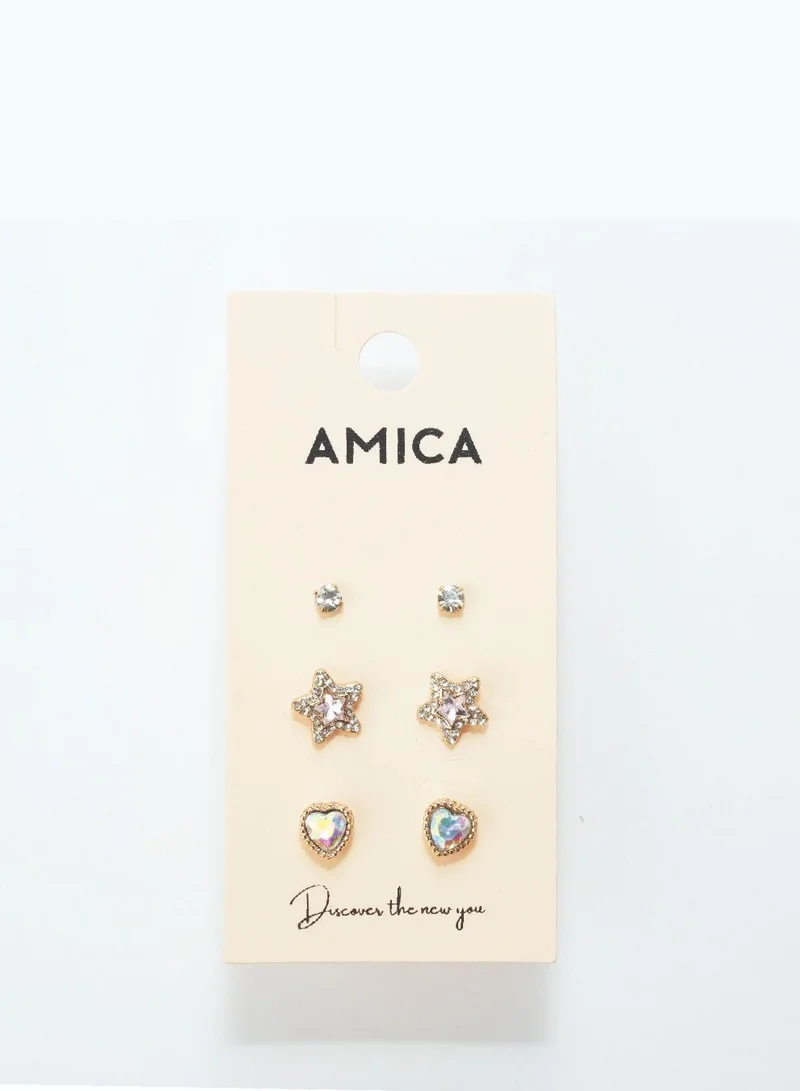 AMICA Set of 3 Embellished Stud Earrings