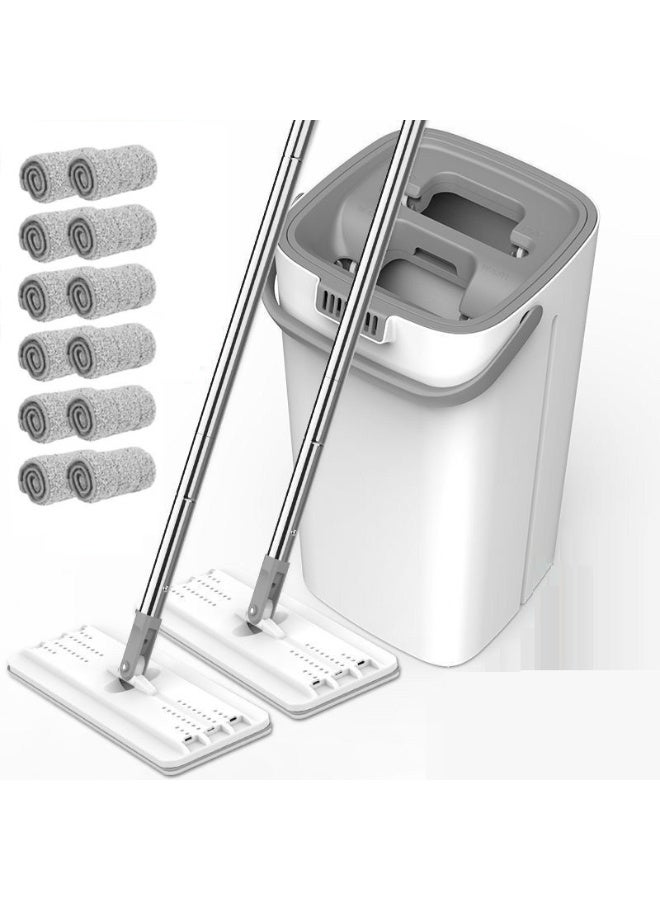 Hand Free Microfiber Flat Mop With Bucket Cleaning Squeeze 12 Reusable Mop Pads 2 Mops Stainless Steel Handle 360 Rotating Head Squeeze Flat Mop Set - Image 1