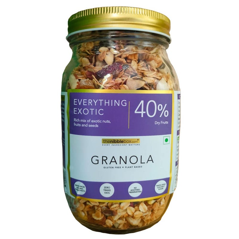 thenibblebox Everything Exotic Granola, 500g Jar [40% Dry fruits by weight, gluten free, vegan friendly, no refined sugar] - Image 1