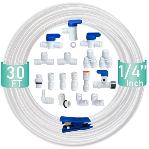 ESHIONG NSF Certified 1/4" O.D. Push to Connect Fittings for RO (Reverse Osmosis) Water Filter（with Shut-Off T Valve）18 pcs+30 feet 1/4" Water tubing. - Image 1