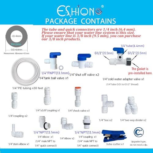 ESHIONG NSF Certified 1/4" O.D. Push to Connect Fittings for RO (Reverse Osmosis) Water Filter（with Shut-Off T Valve）18 pcs+30 feet 1/4" Water tubing. - Image 2