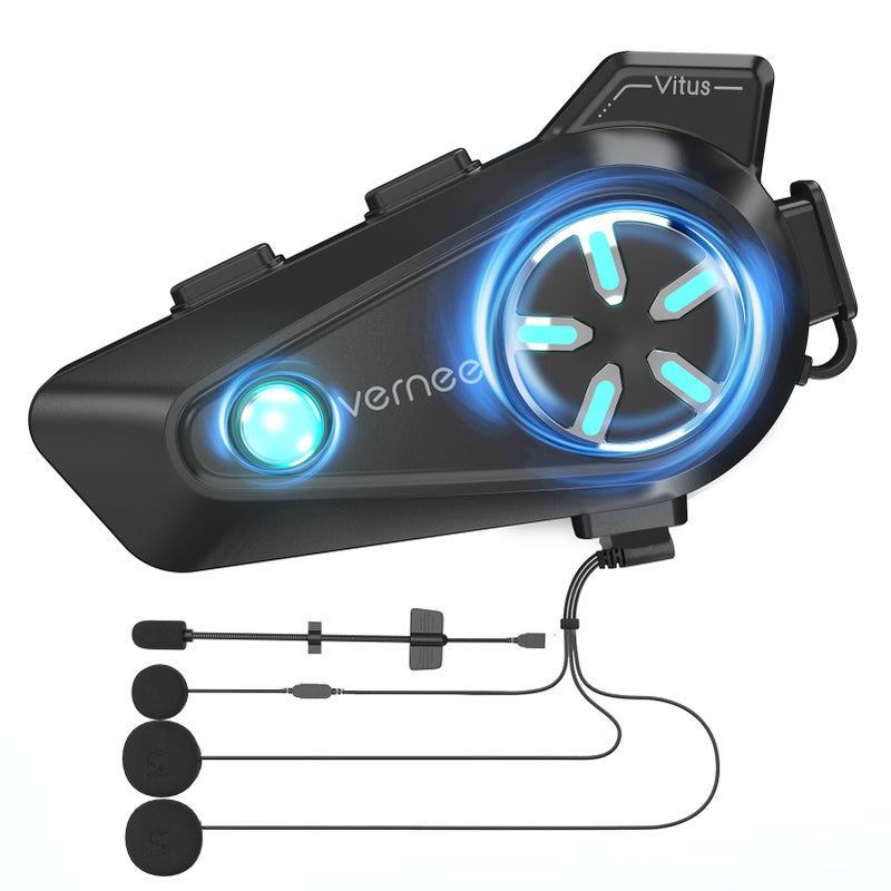 vernee Motorcycle Helmet Bluetooth Headset Speakers, 4 Riders 2Km Intercom, with 2 Type Mics, IP67 Waterproof/Noise Cancellation/Voice Control/Glove Friendly, Compatible with All Helmets, 1Pack - Image 1
