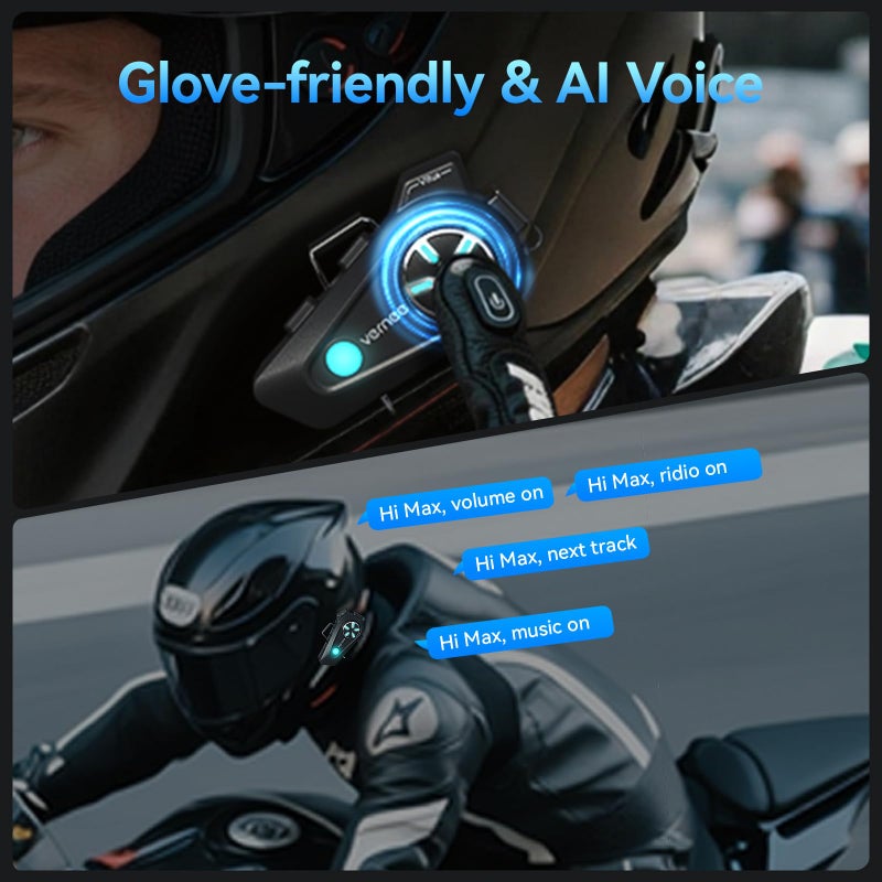 vernee Motorcycle Helmet Bluetooth Headset Speakers, 4 Riders 2Km Intercom, with 2 Type Mics, IP67 Waterproof/Noise Cancellation/Voice Control/Glove Friendly, Compatible with All Helmets, 1Pack - Image 4