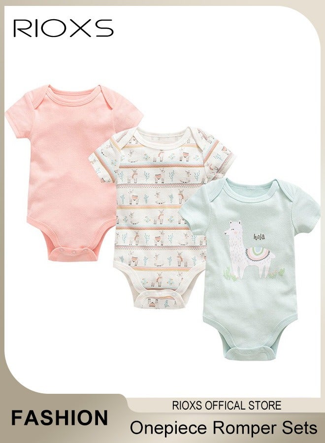 RIOXS Baby Boys Girls Onepiece Romper Sets 3pcs Summer Baby Bodysuit Half Sleeves Romper Sleep Suit Sets for Baby Made from Lightweight Breathable and Soft Cotton Fabric  - Image 1