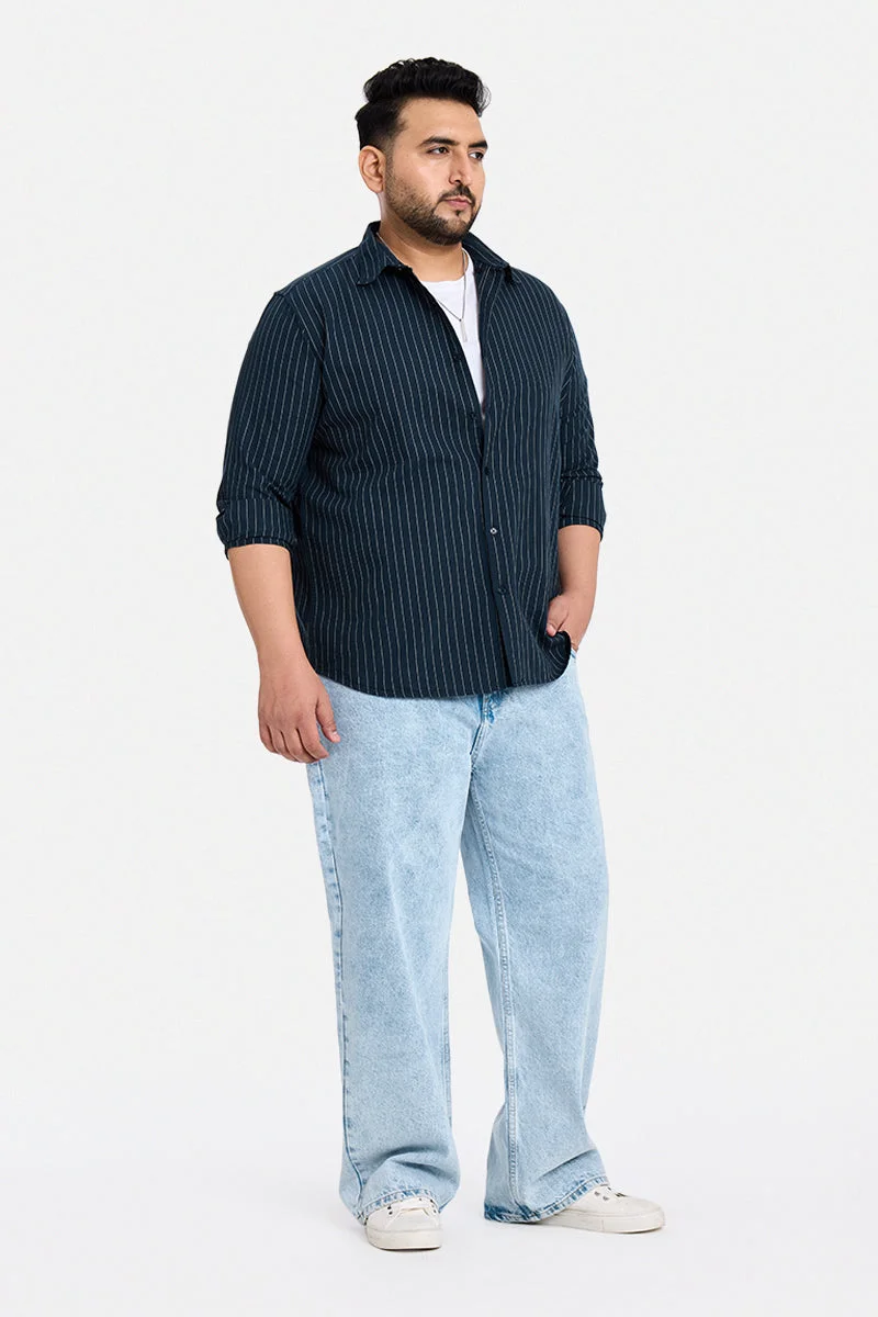 سنيتش Navy Blue Striped Long Sleeve Regular Fit Casual Plus Size Shirt