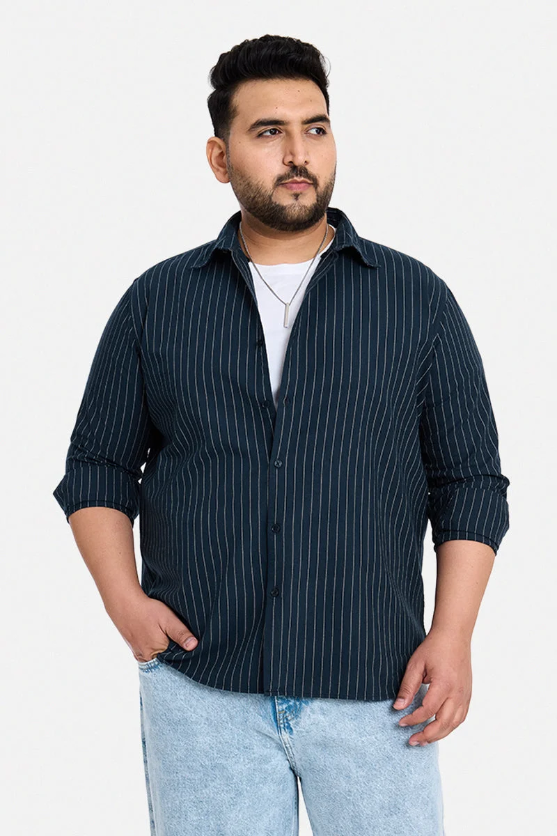 سنيتش Navy Blue Striped Long Sleeve Regular Fit Casual Plus Size Shirt