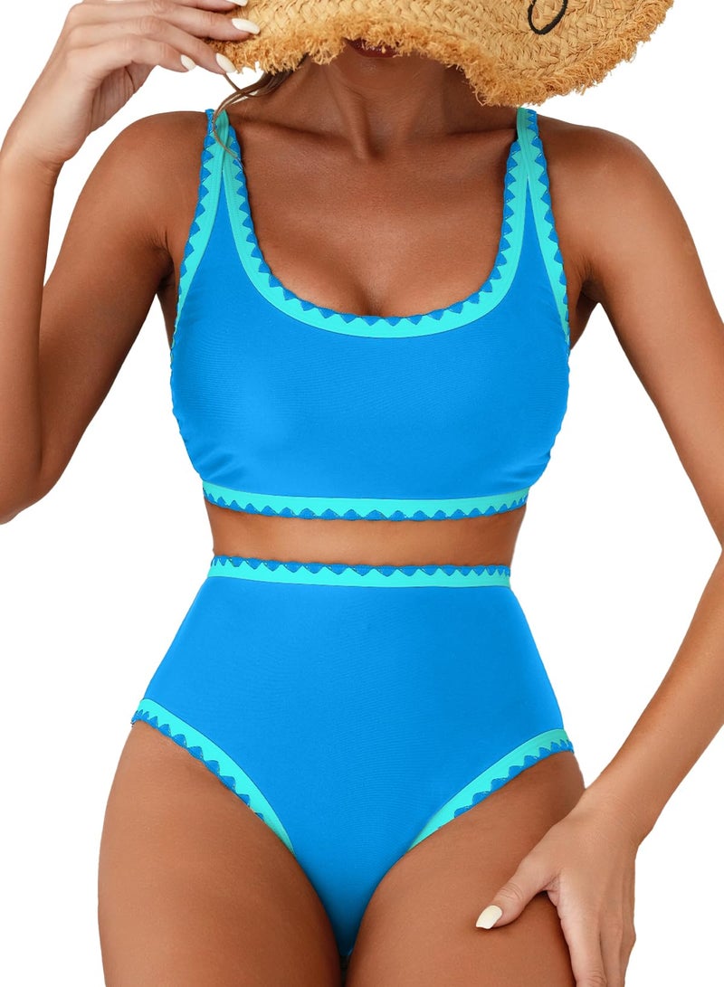Herseas Blue Bikini Sets for Women Shell Stitch Sexy Swim Suits 2026 High Waisted Tummy Control Cute Bathing Suits Padded Beach Beach Vacation Clothes Cruise Essentials Small - Image 1