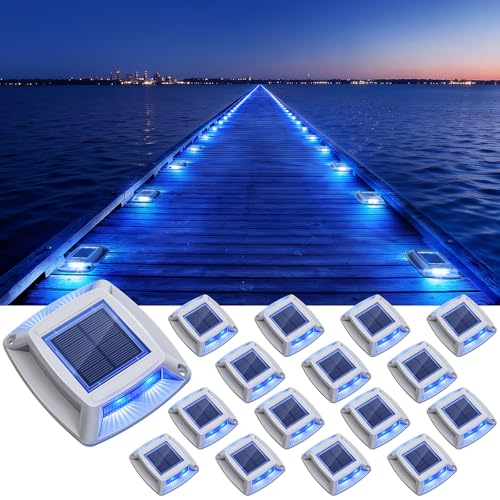 Etetale Solar Dock Lights Outdoor 16 Pack IP68 Waterproof Solar Powered Driveway Lights Driveway Marker Deck Lights for Steps Pathway Walkway Sidewalk Pool Garage Stair Marine Blue - Image 1