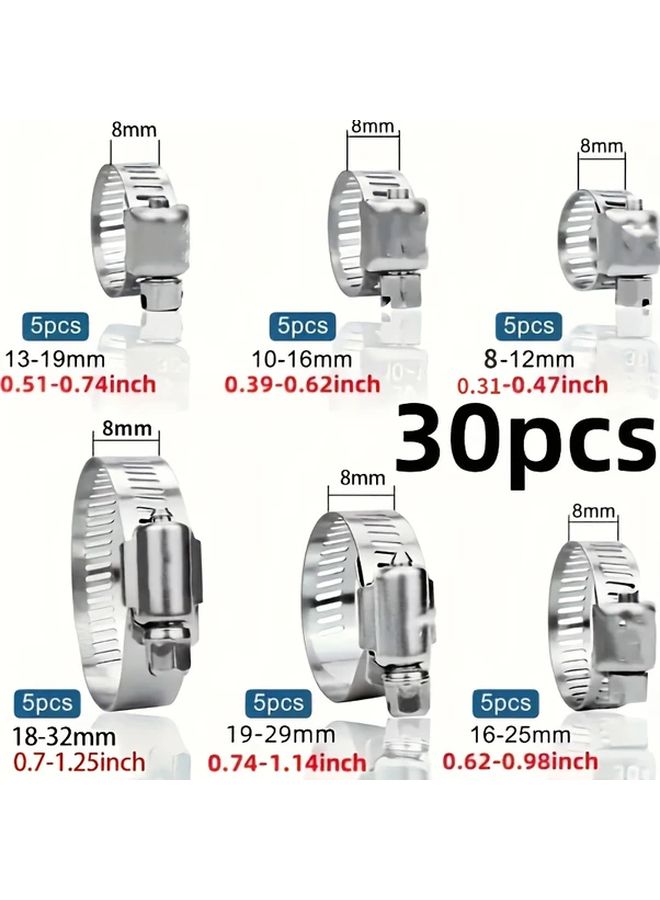 30 Pcs 6 Specification Stainless Steel Adjustable Hose Clamp Set 1/4 To 1 1/8 Inch - Image 2