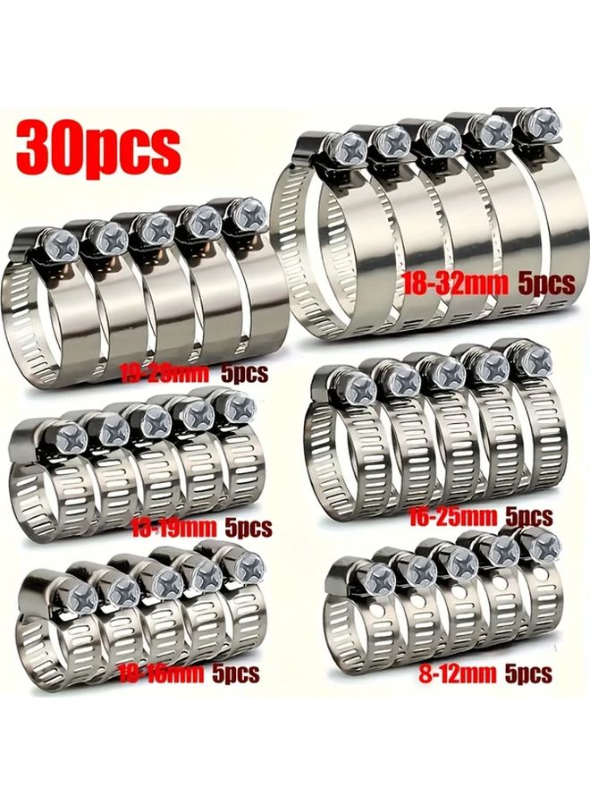 30 Pcs 6 Specification Stainless Steel Adjustable Hose Clamp Set 1/4 To 1 1/8 Inch - Image 3