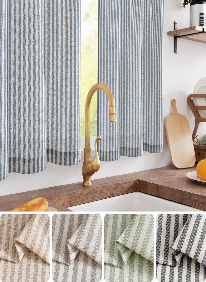 Lazzzy Kitchen Linen Striped Curtains Blue Tier Curatins Cafe Curtains for Bathroom Kitchen Farmhouse 36 Inch Length Rod Pocket Window Treatment Tiers 2 Panels Set Blue on Beige - Image 2