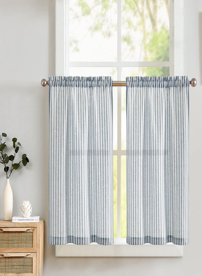 Lazzzy Kitchen Linen Striped Curtains Blue Tier Curatins Cafe Curtains for Bathroom Kitchen Farmhouse 36 Inch Length Rod Pocket Window Treatment Tiers 2 Panels Set Blue on Beige - Image 1