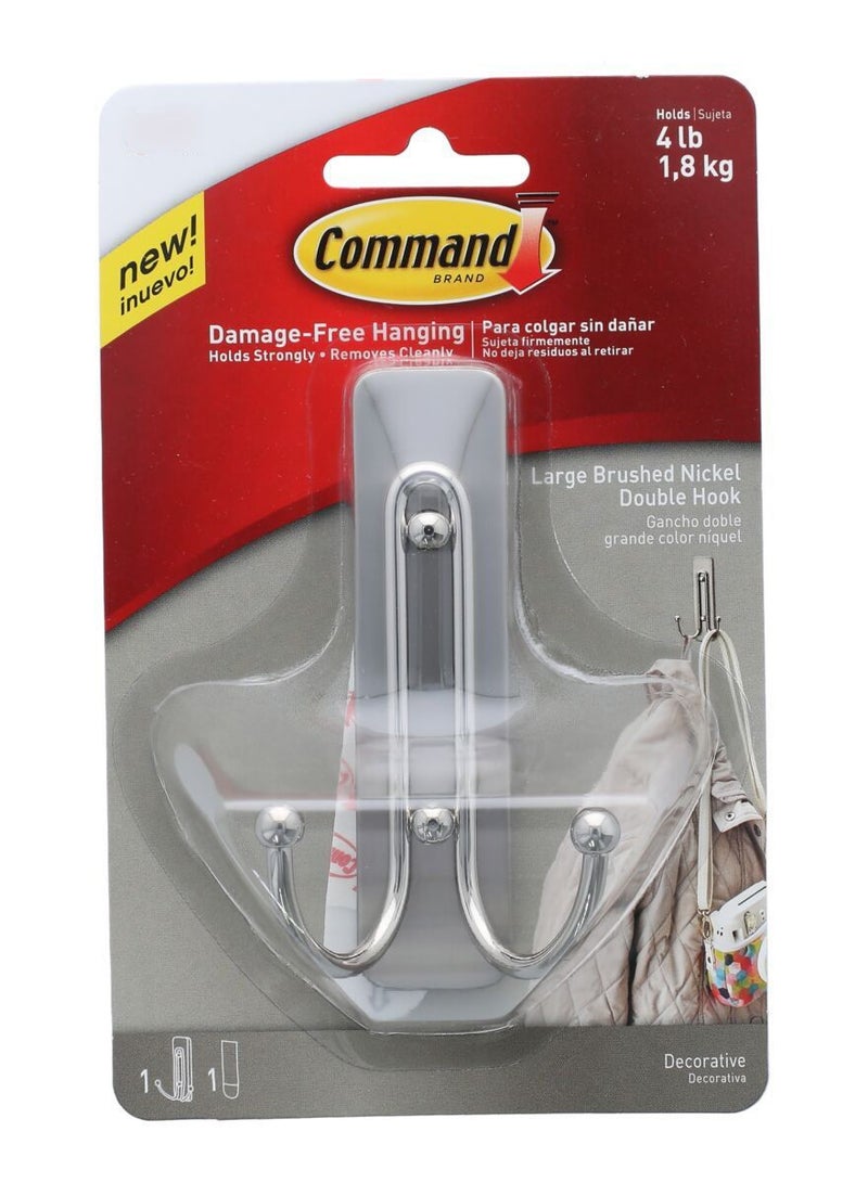 Command Large Brushed Nickel Double Hook Silver - Image 1