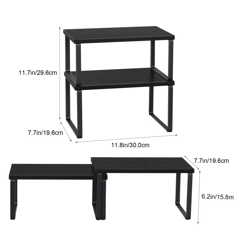 CADUKE Counter Shelf Organizer Set of 2 Kitchen Cabinet Shelves Expandable Countertop Shelves Organizer Wood Cabinet Shelf Black Stackable Storage Rack for Pantry - Image 2