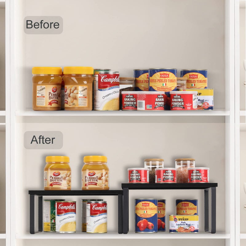 CADUKE Counter Shelf Organizer Set of 2 Kitchen Cabinet Shelves Expandable Countertop Shelves Organizer Wood Cabinet Shelf Black Stackable Storage Rack for Pantry - Image 3