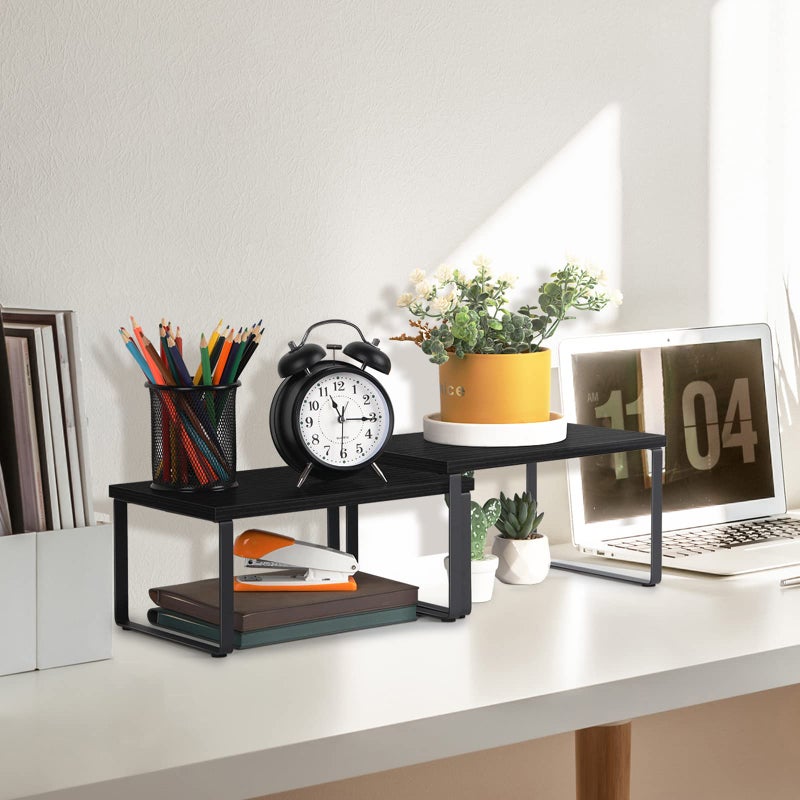 CADUKE Counter Shelf Organizer Set of 2 Kitchen Cabinet Shelves Expandable Countertop Shelves Organizer Wood Cabinet Shelf Black Stackable Storage Rack for Pantry - Image 5