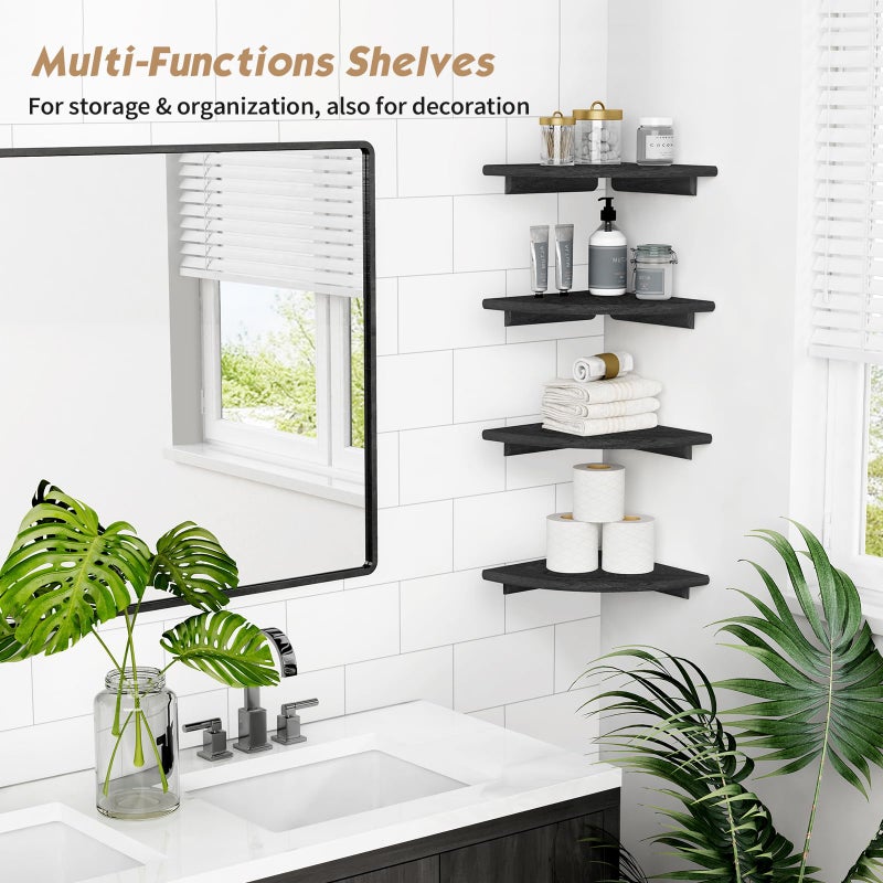 Forbena Black Corner Floating Shelves for Wall Set of 4, Small Rounded Corner Shelves Wall Mount for Bedroom Books, Mini Wood Hanging Corner Shelf for Bathroom Decor, Living Room, Small Spaces - Image 2