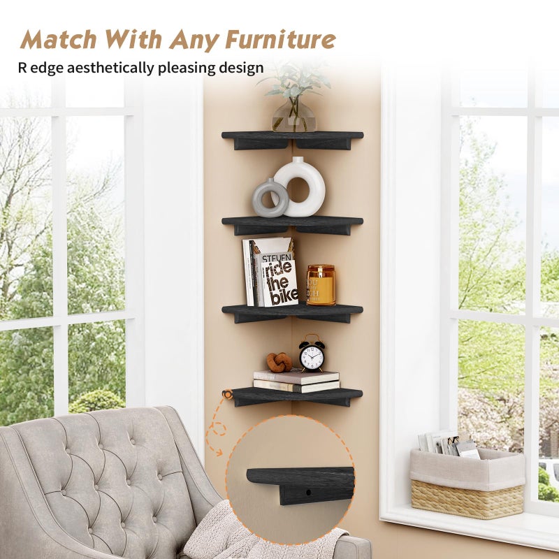 Forbena Black Corner Floating Shelves for Wall Set of 4, Small Rounded Corner Shelves Wall Mount for Bedroom Books, Mini Wood Hanging Corner Shelf for Bathroom Decor, Living Room, Small Spaces - Image 5