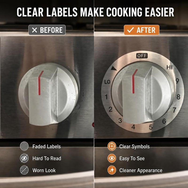 Hileapx Stove Dials Stickers, Stovetop Knob Symbols Decals for Replacement, Adhesive Stickers for Top Burner Control Dial, Range Oven, Gas Stove Knob Burner Identification, Black Symbols on Silver Background - Image 2
