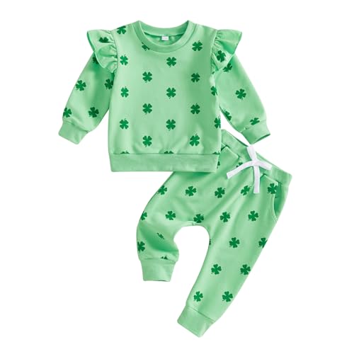 CIYCUIT 3Pcs Baby Girl St Patricks Day Outfit Sweatshirt + Pants + Headband Clothes Green 6-12 Months - Image 1