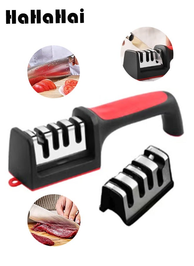 HaHaHai 4-in-1 Knife Sharpener, Handheld Knife Sharpener Helps Repair, Restore, Polish Blades, Including Straight, Serrated Blades and Scissors，Black/Silver/Red  - Image 1