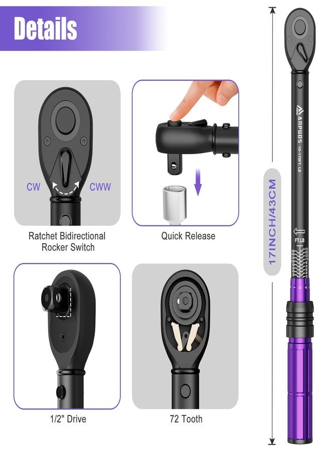 ANPUDS 1/2 Inch Drive Click Torque Wrench, 10-170 Ft-Lb/13.6-230.5 Nm, Dual Direction Adjustable, High Precision for Moto & Car Maintenance - Image 3