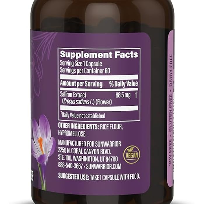 Sunwarrior Saffron Extract Supplements Capsules 88.5 mg - Plant-Based Mood & Relaxation Supplement for Mental Clarity Focus & Emotional Balance - Vegan Daily Antioxidant for Stress Support Eye Health 60 Servings - Image 2