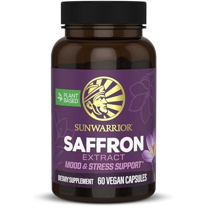 Sunwarrior Saffron Extract Supplements Capsules 88.5 mg - Plant-Based Mood & Relaxation Supplement for Mental Clarity Focus & Emotional Balance - Vegan Daily Antioxidant for Stress Support Eye Health 60 Servings - Image 1